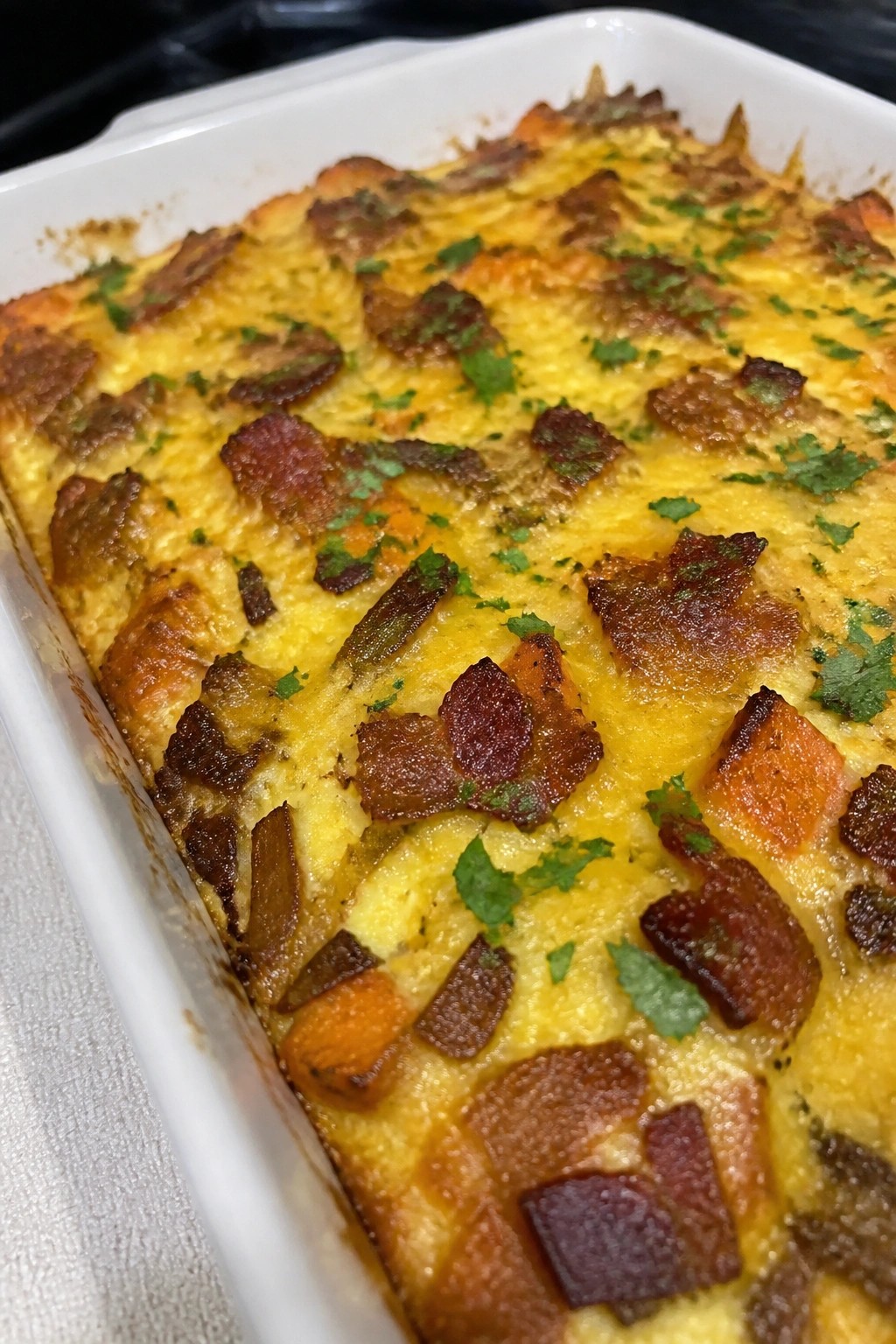 Bacon Egg Sweet Potato and Caramelized Onion Casserole