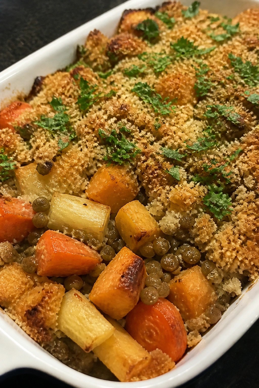 Roasted Root Vegetable Lentil Gratin