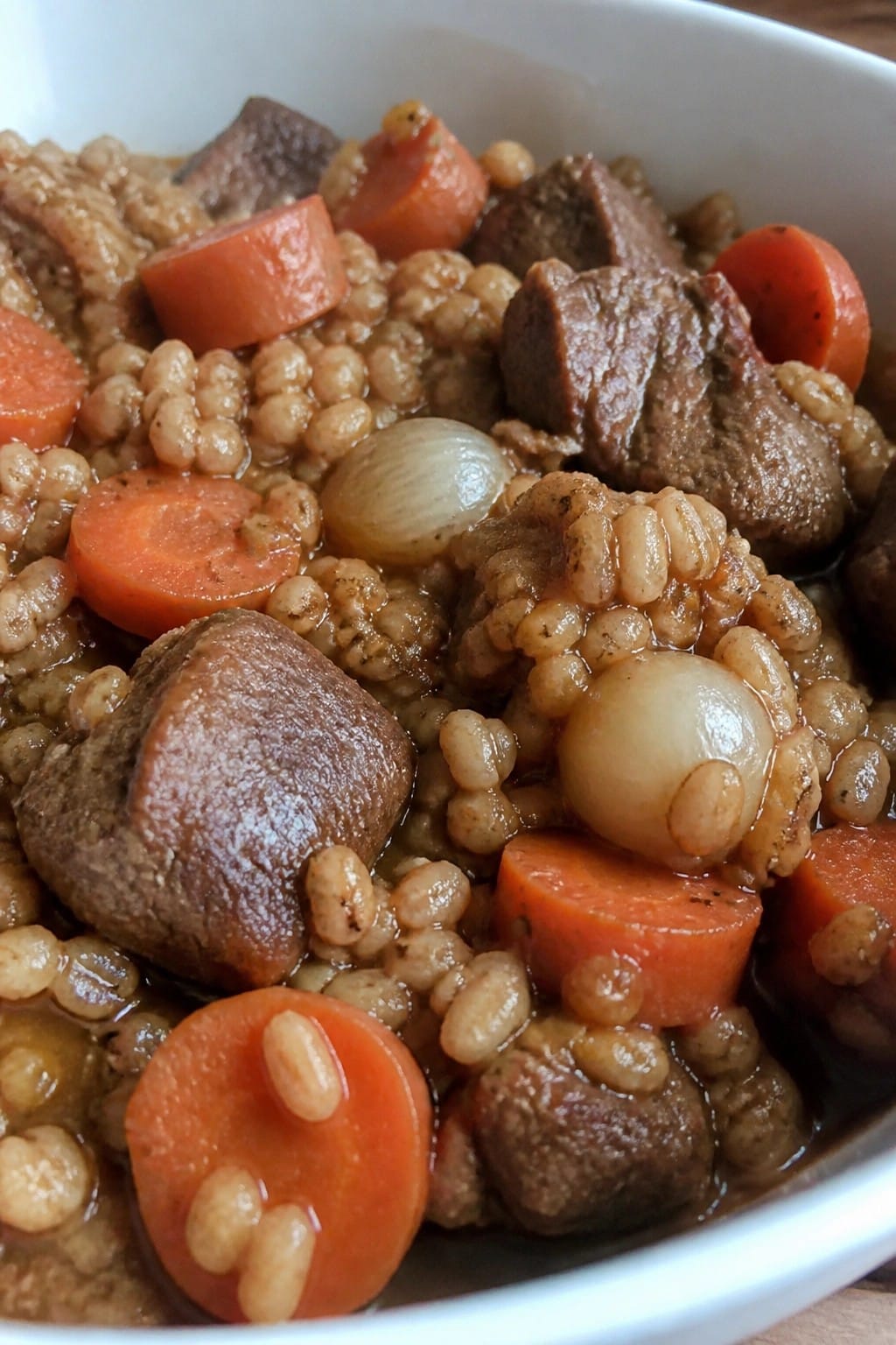 Beef and Barley Casserole with Carrots and Pearl Onions