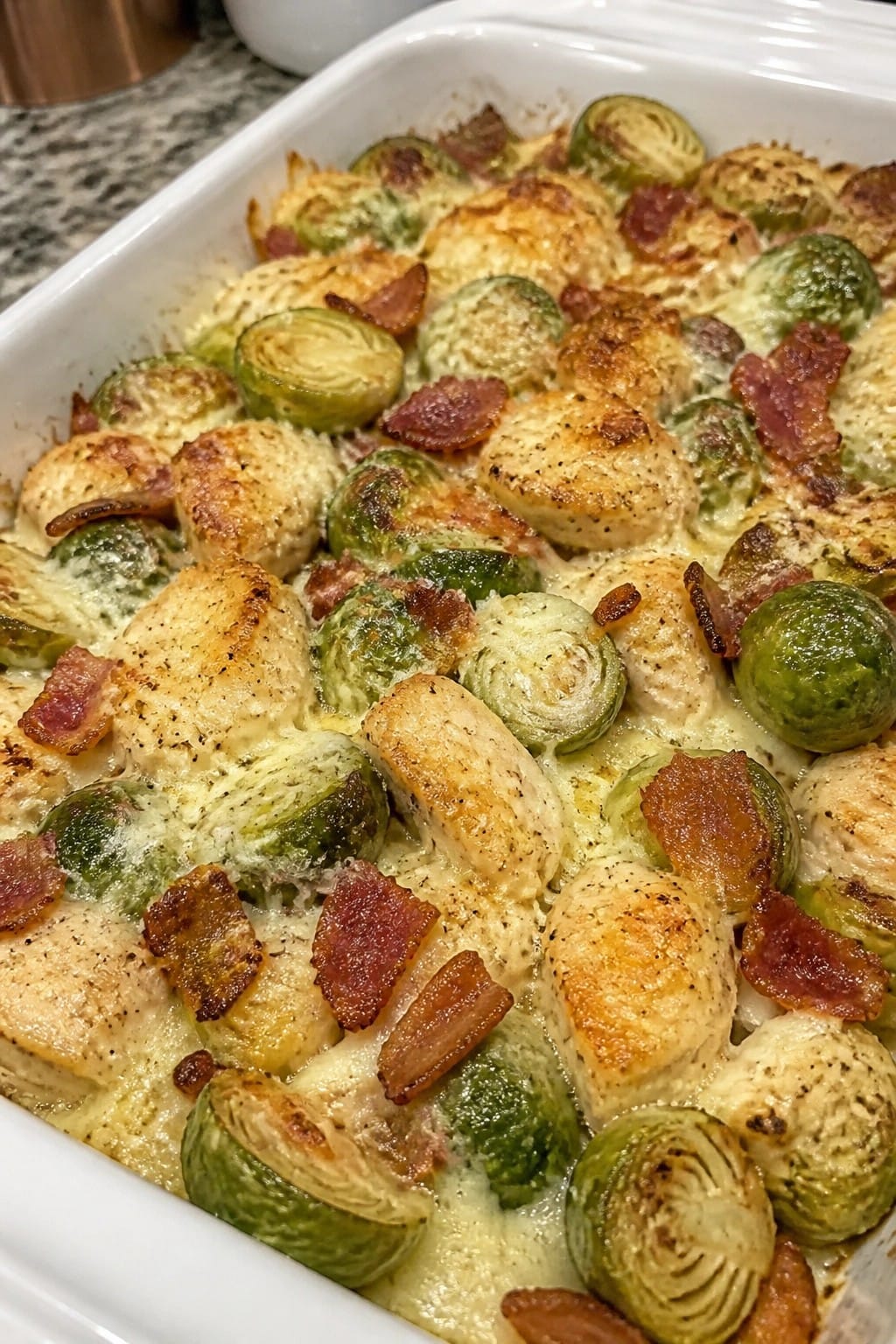 Chicken and Brussels Sprouts Casserole with Bacon and Parmesan