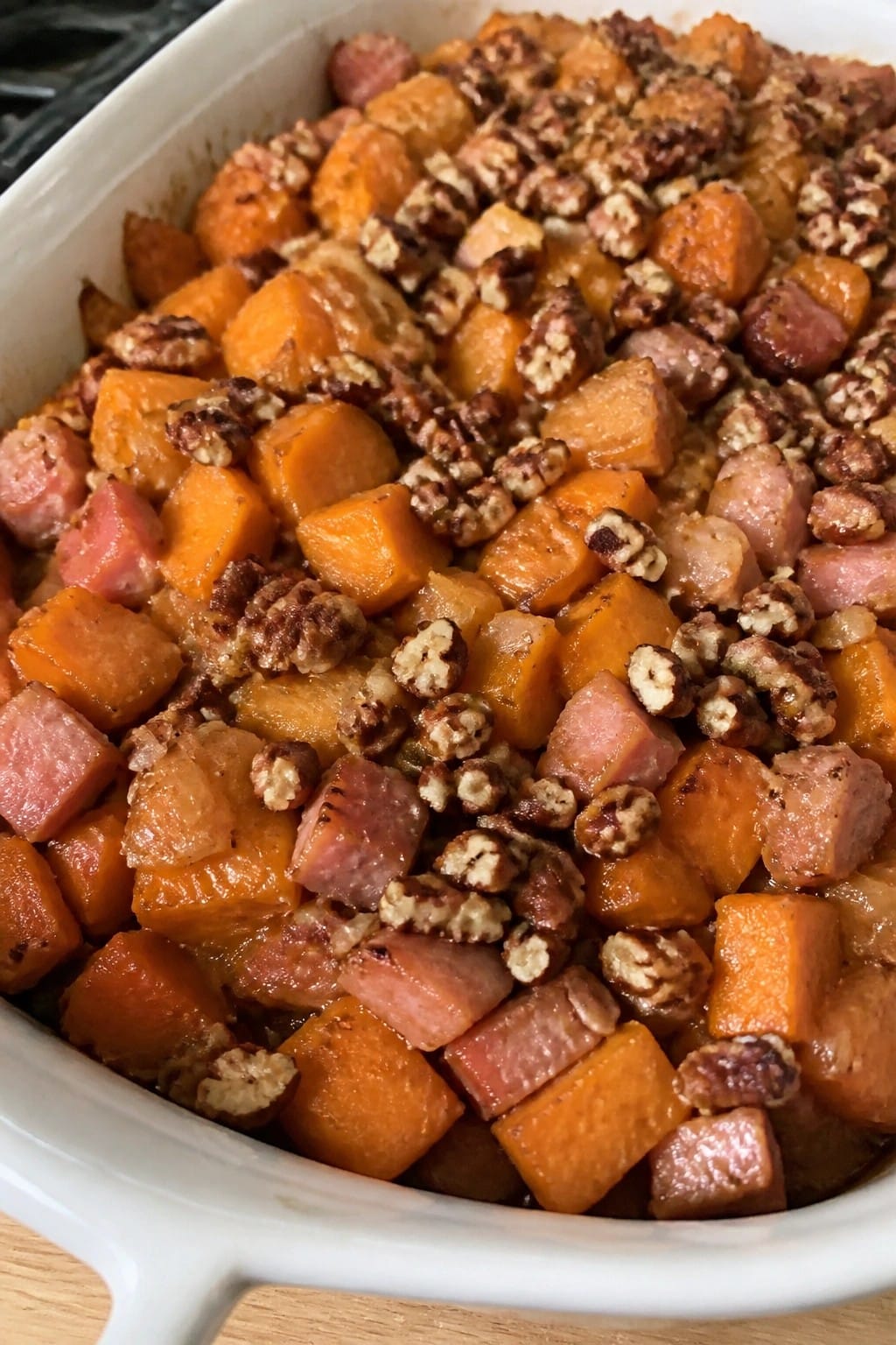 Ham and Sweet Potato Casserole with Maple and Pecans