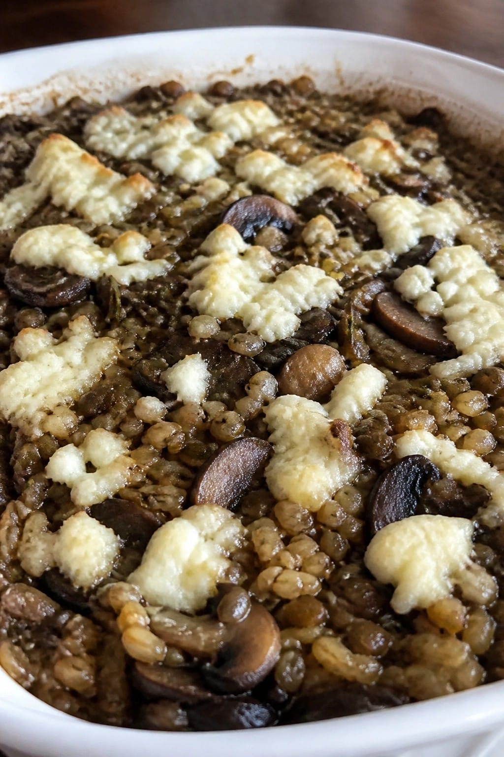 Mushroom Barley Casserole with Lentils and Goat Cheese