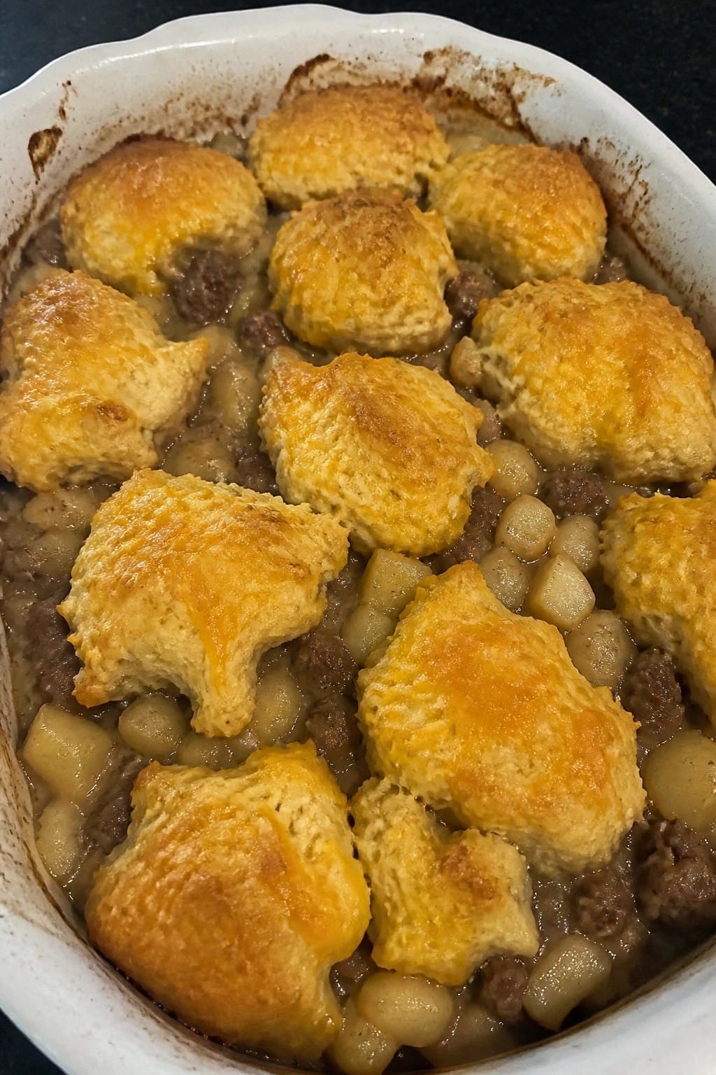 Spiced Apple and Sausage Casserole with Cheddar Biscuit Topping