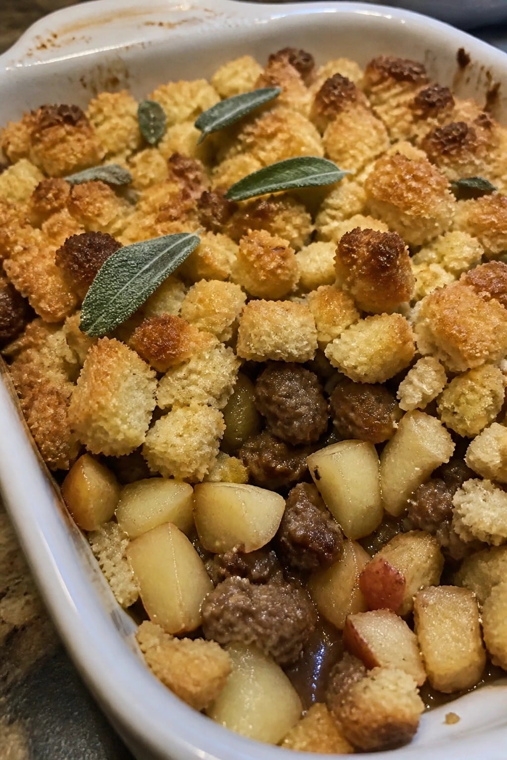 Turkey Sausage and Apple Casserole with Crispy Sage Stuffing
