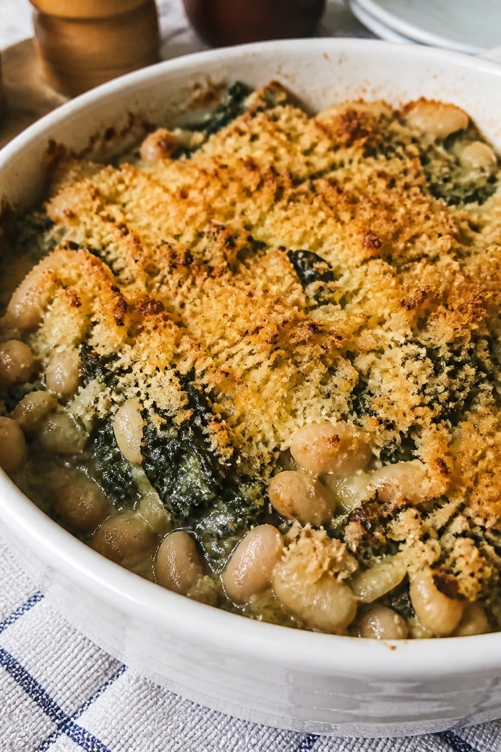White Bean and Swiss Chard Casserole with Garlic Breadcrumbs