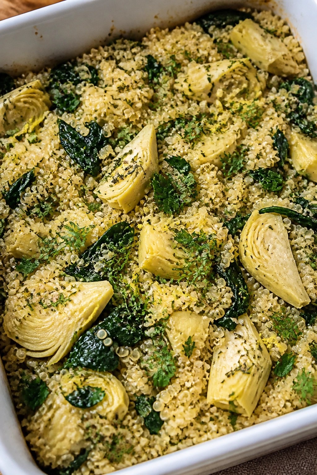 Greek Lemon Spinach Artichoke Quinoa Casserole