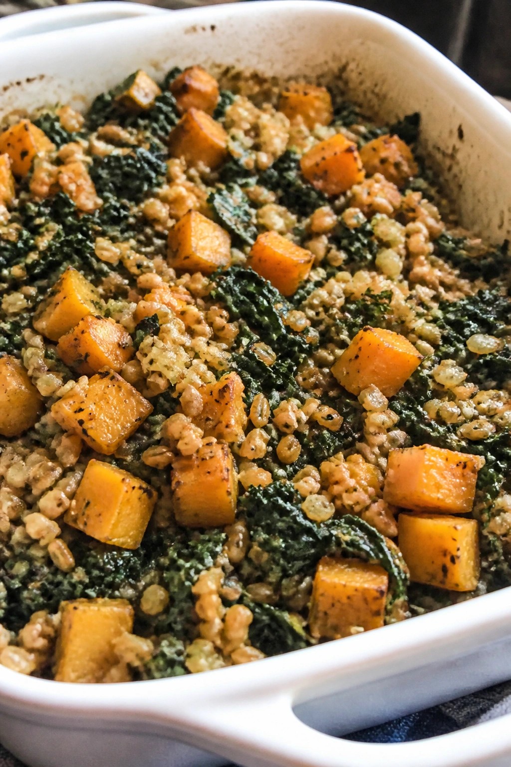 Harvest Butternut Squash Kale Farro Casserole