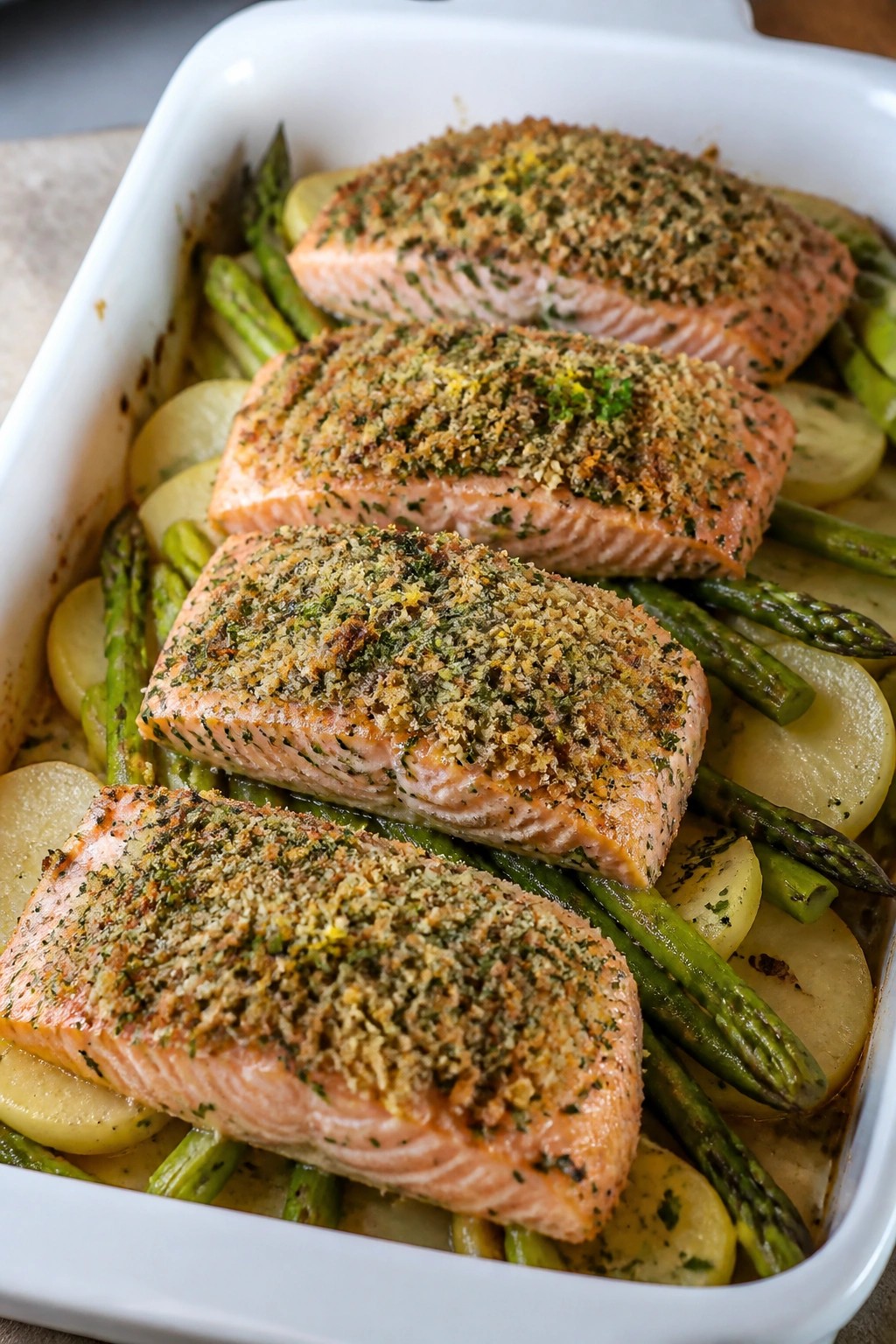 Herb-Crusted Salmon Asparagus Potato Casserole