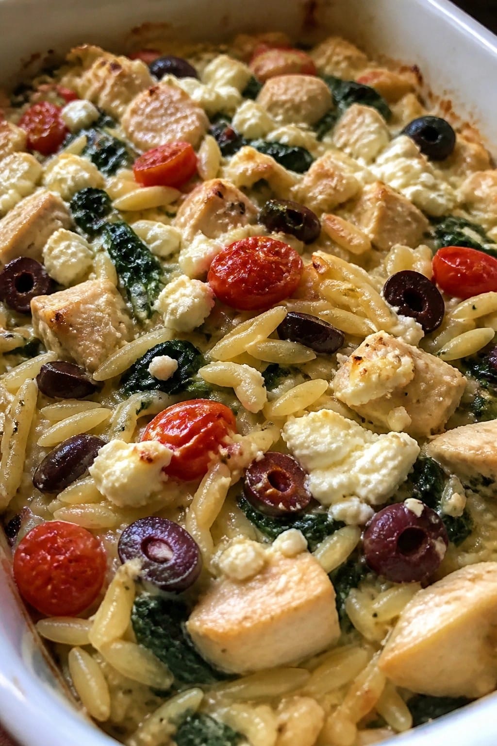 Greek Spinach Feta Chicken Orzo Casserole