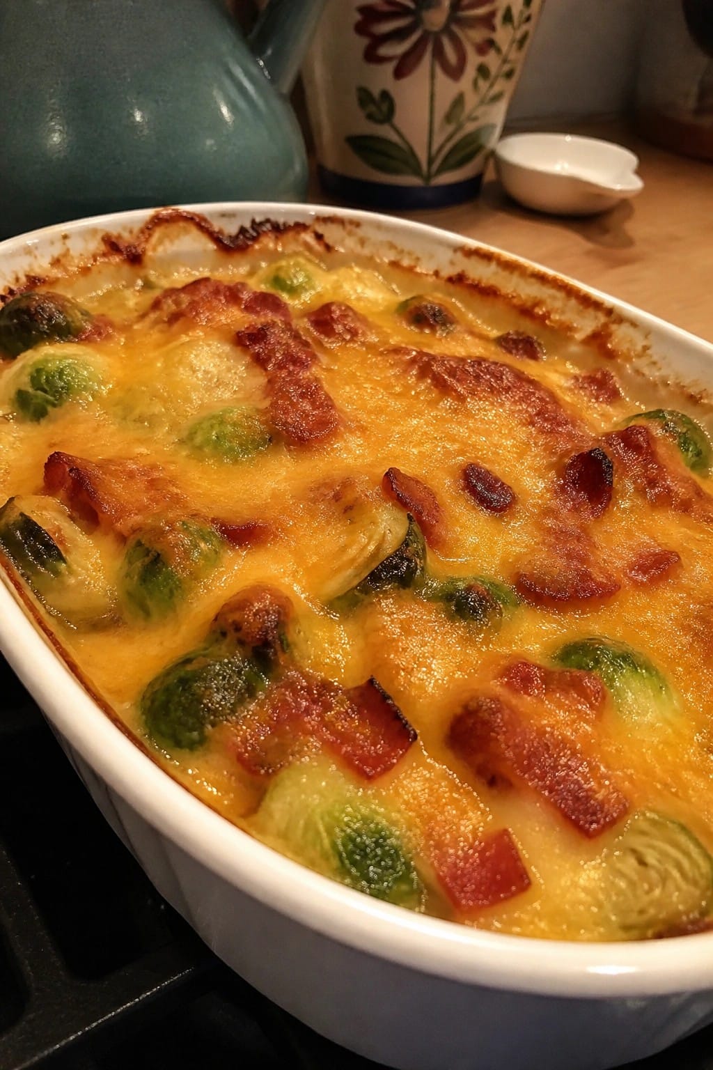 Brussels Sprouts Bacon Cheddar Gratin