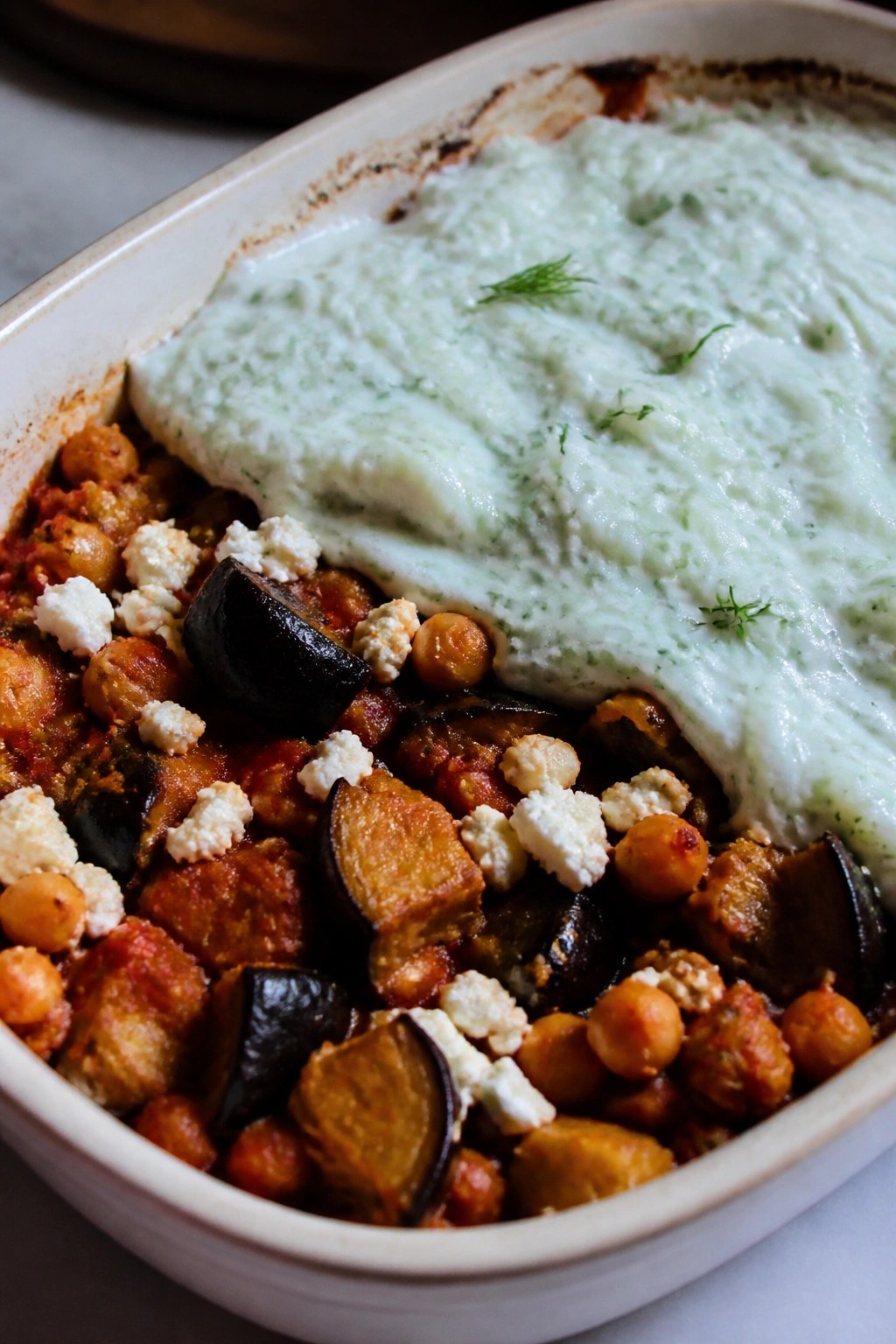 Greek Chickpea Eggplant Casserole with Tzatziki Topping