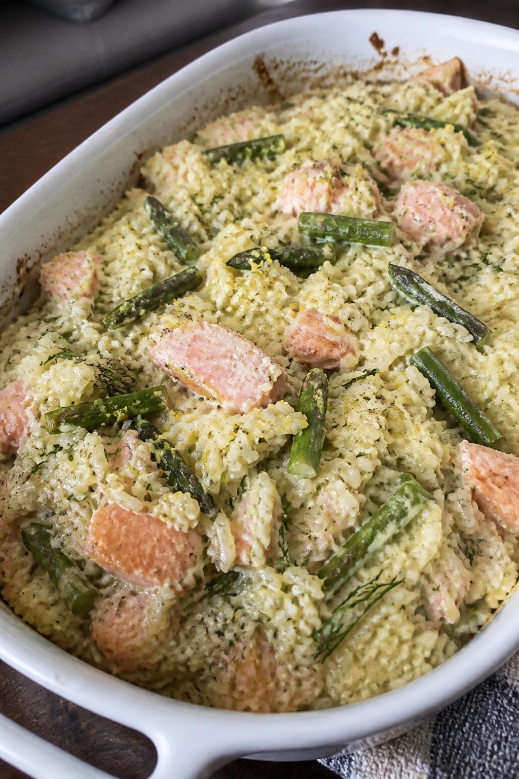 Lemon Dill Salmon and Asparagus Rice Casserole
