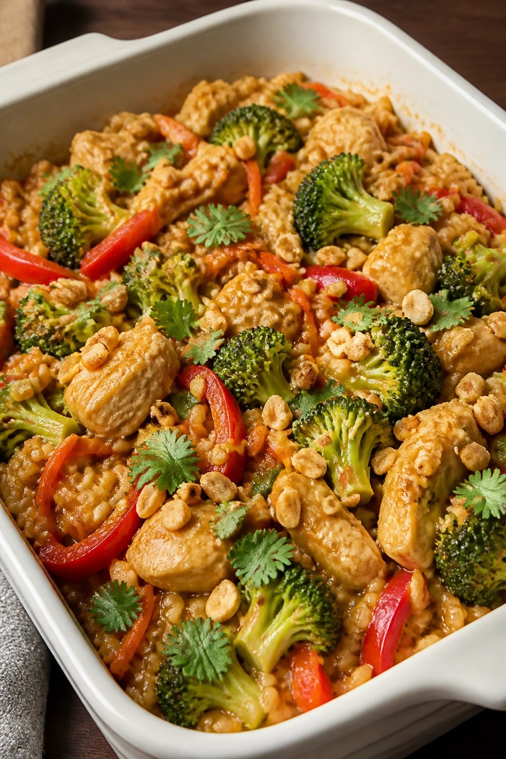 Thai Peanut Chicken and Vegetable Brown Rice Casserole