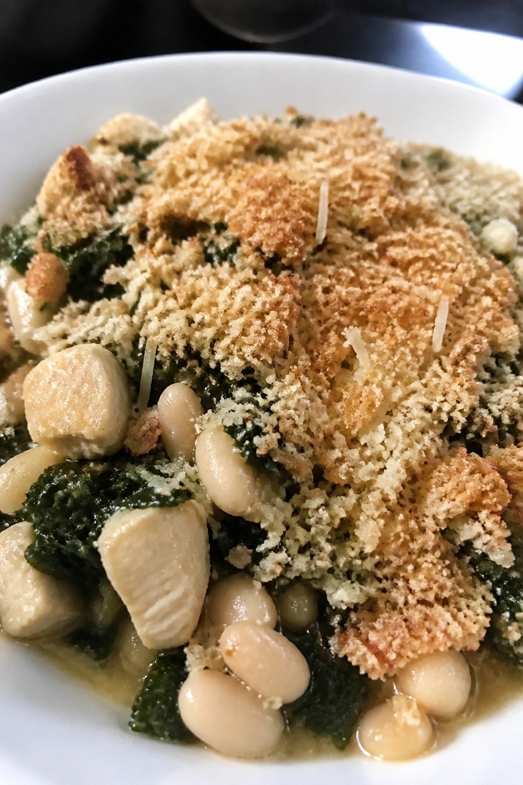 White Bean Kale and Chicken Casserole with Parmesan Crust