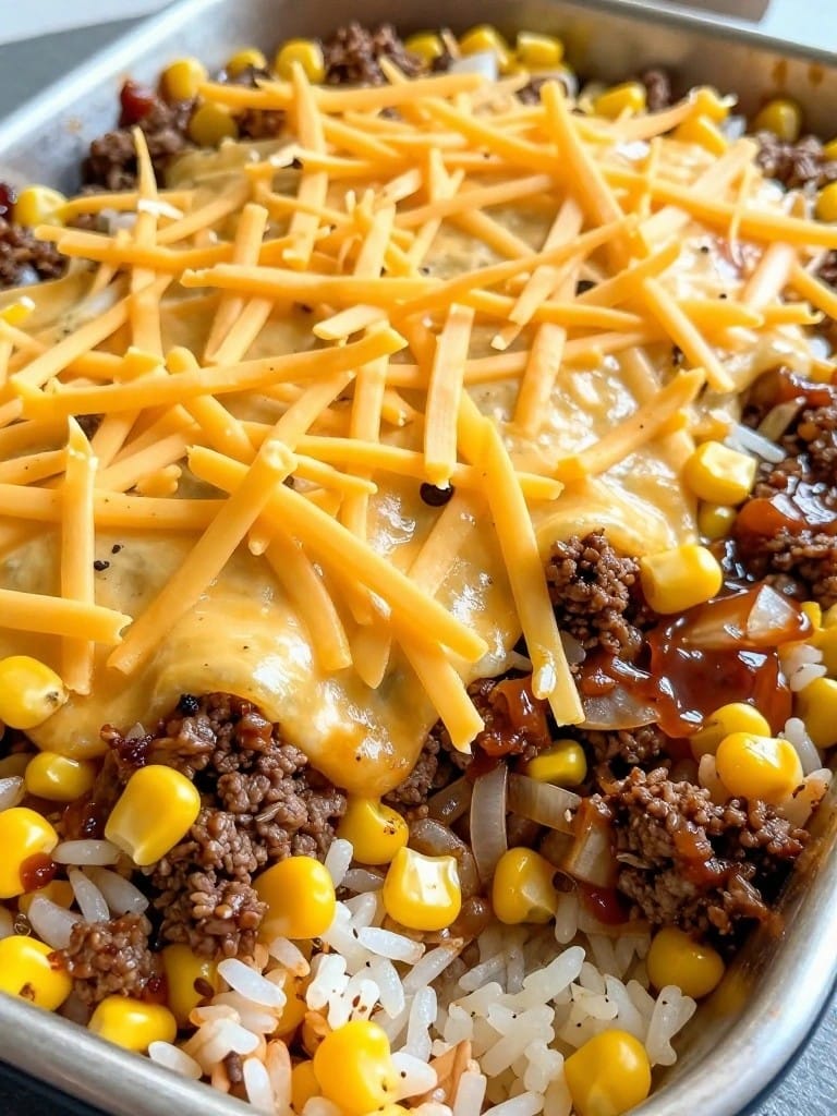 BBQ Hamburger Rice Casserole with Corn and Onions