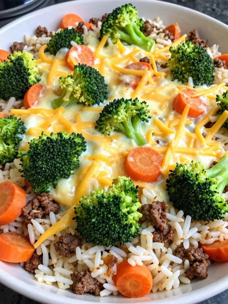 Cheesy Hamburger Rice Casserole with Broccoli and Carrots