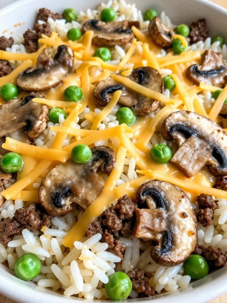 Creamy Mushroom Hamburger Rice Bake with Peas