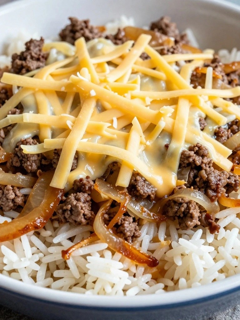 French Onion Hamburger Rice Casserole with Caramelized Onions