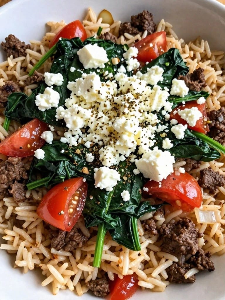 Greek-Style Beef Rice Casserole with Spinach and Feta