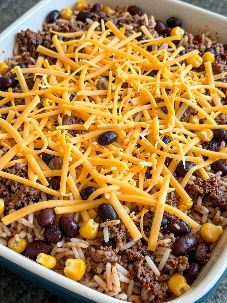Mexican Taco Beef Rice Casserole with Black Beans and Corn