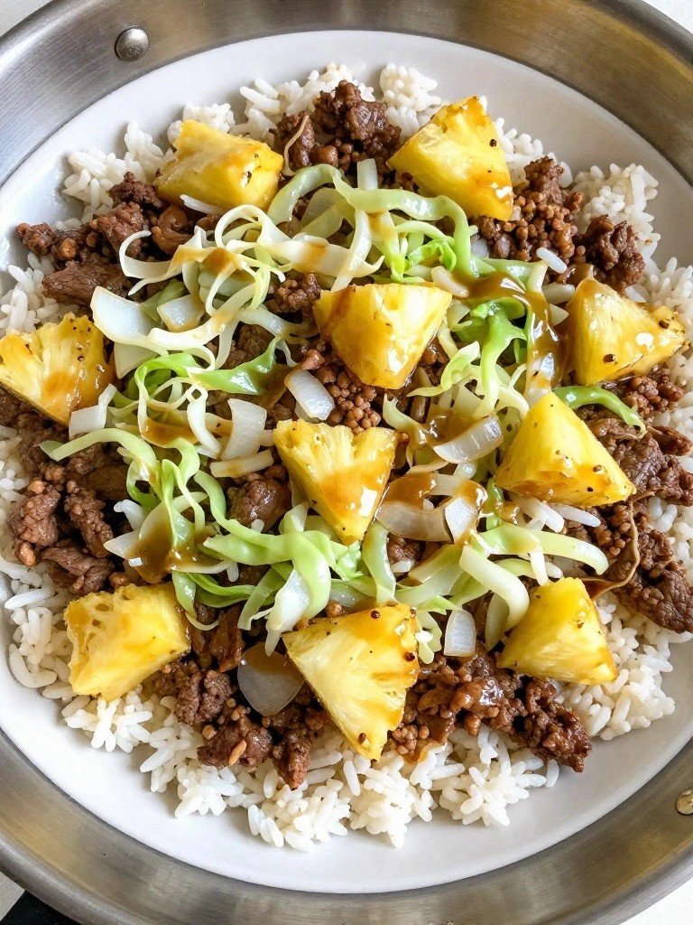 Sweet and Sour Beef Rice Casserole with Cabbage and Pineapple