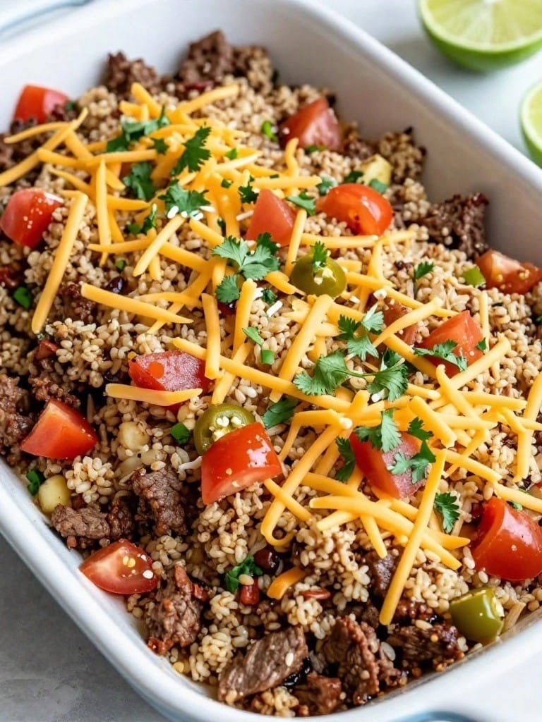 Zesty Cilantro Lime Beef Taco Quinoa Casserole