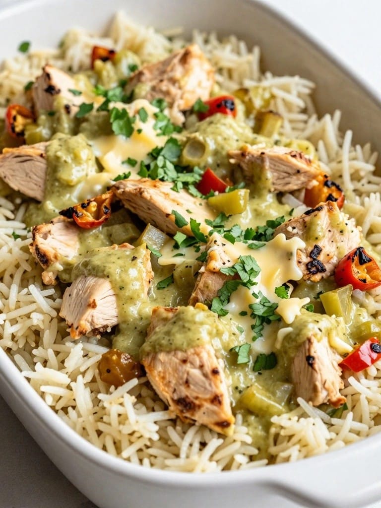 Creamy Salsa Verde Poblano Chicken Casserole