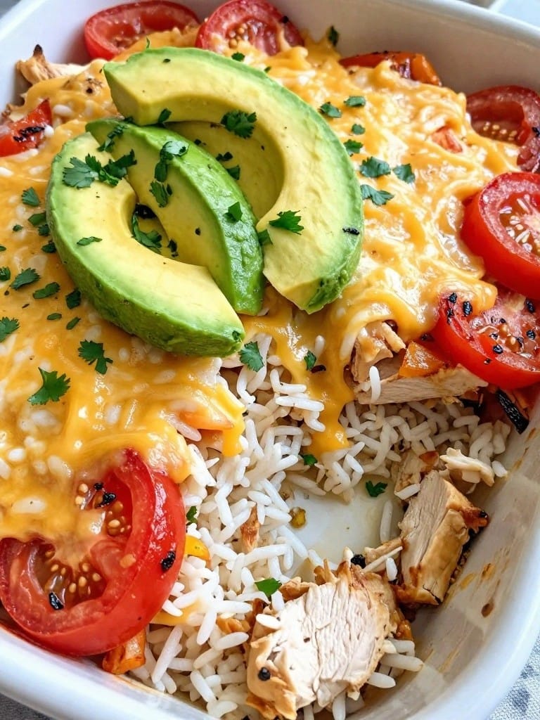 Fire-Roasted Tomato and Avocado Chicken Rice Bake