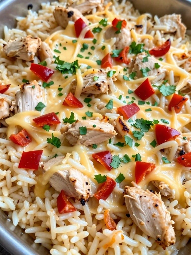 Roasted Red Pepper Queso Chicken Rice Bake