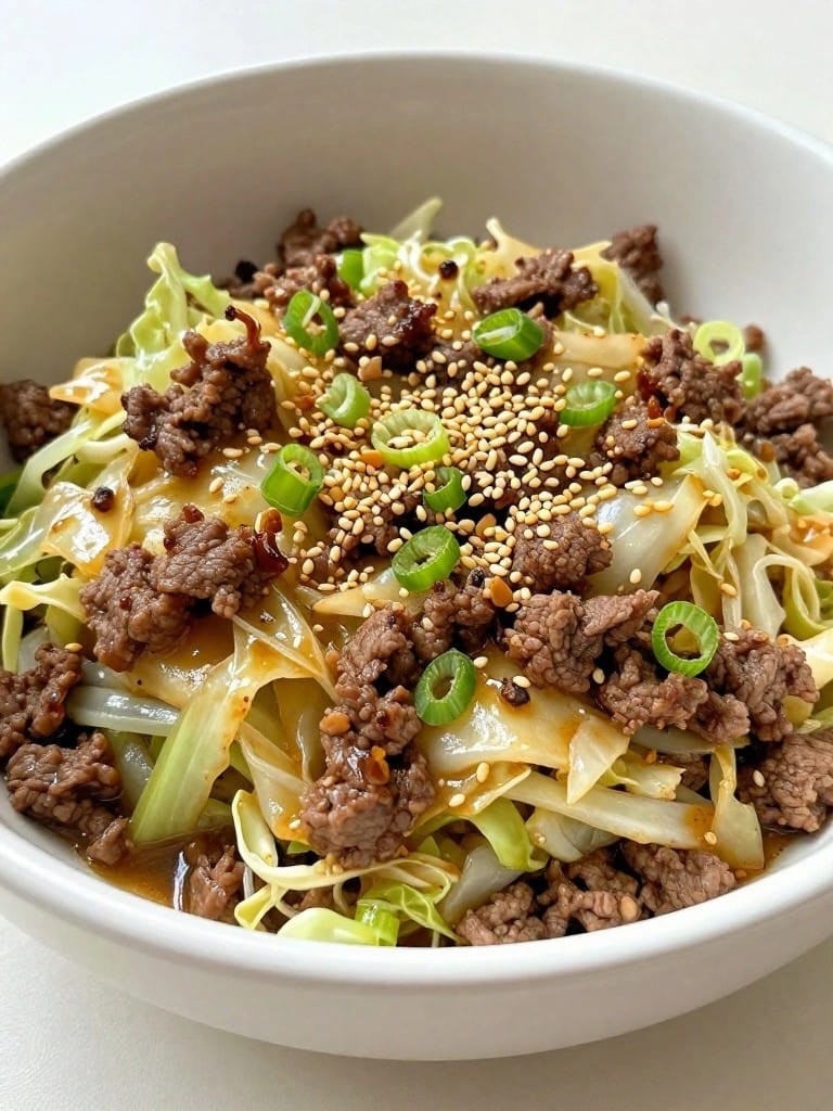 Asian Beef and Cabbage Casserole with Scallions and Sesame