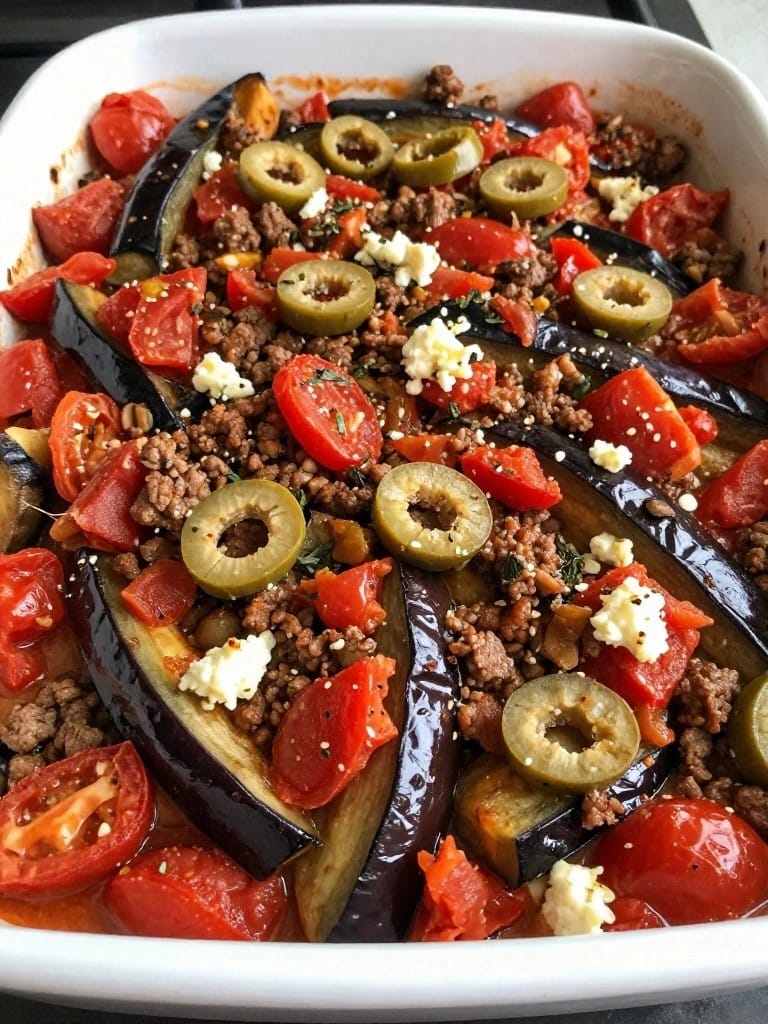 Beef Eggplant Tomato Casserole with Oregano and Olives