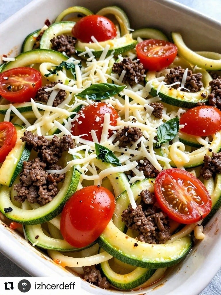 Italian Beef Zucchini Noodle Bake with Fresh Basil and Tomatoes
