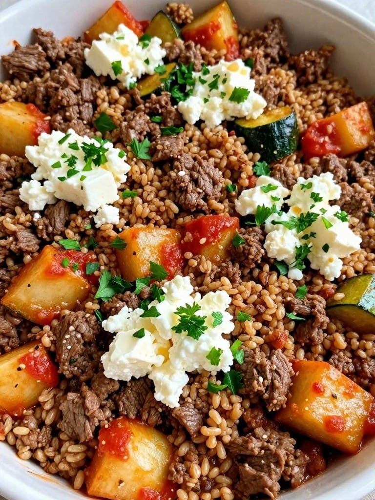 Mediterranean Beef Quinoa Casserole with Zucchini and Feta