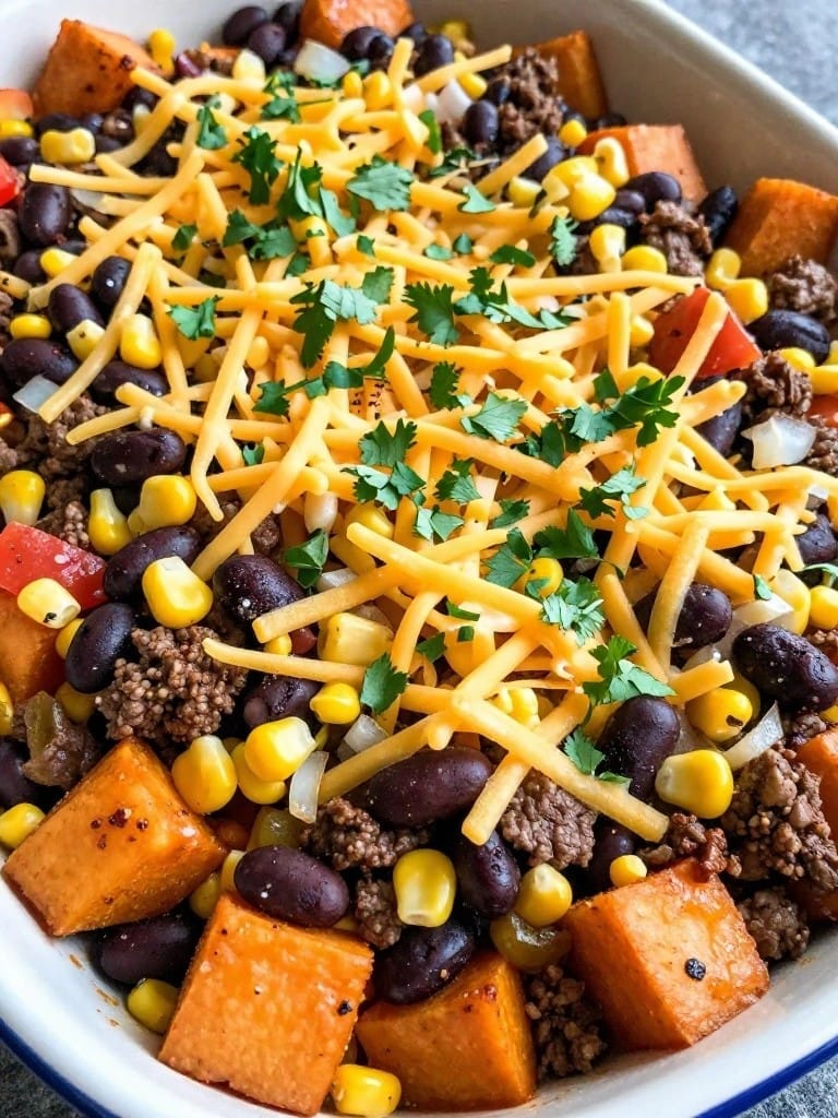 Mexican Beef Sweet Potato Casserole with Black Beans and Corn