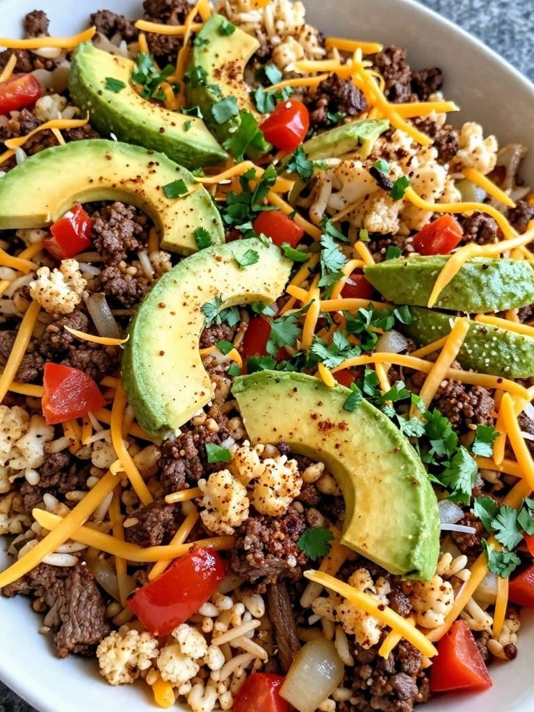 Tex-Mex Beef Cauliflower Rice Casserole with Peppers and Avocado