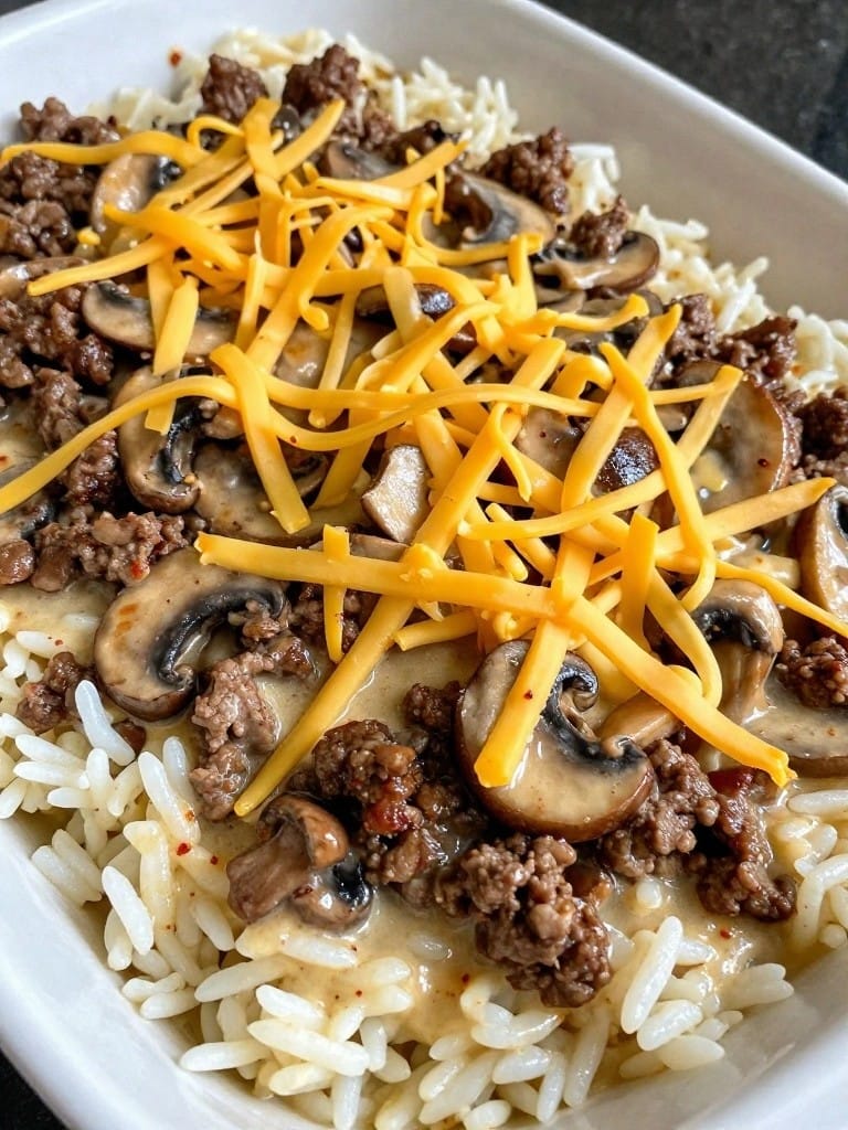 Creamy Mushroom Beef Stroganoff Rice Casserole