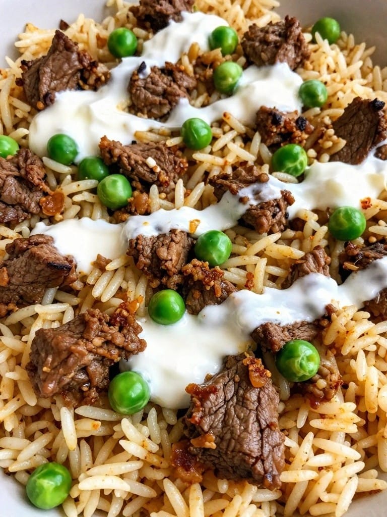 Curried Beef Rice Casserole with Peas and Yogurt