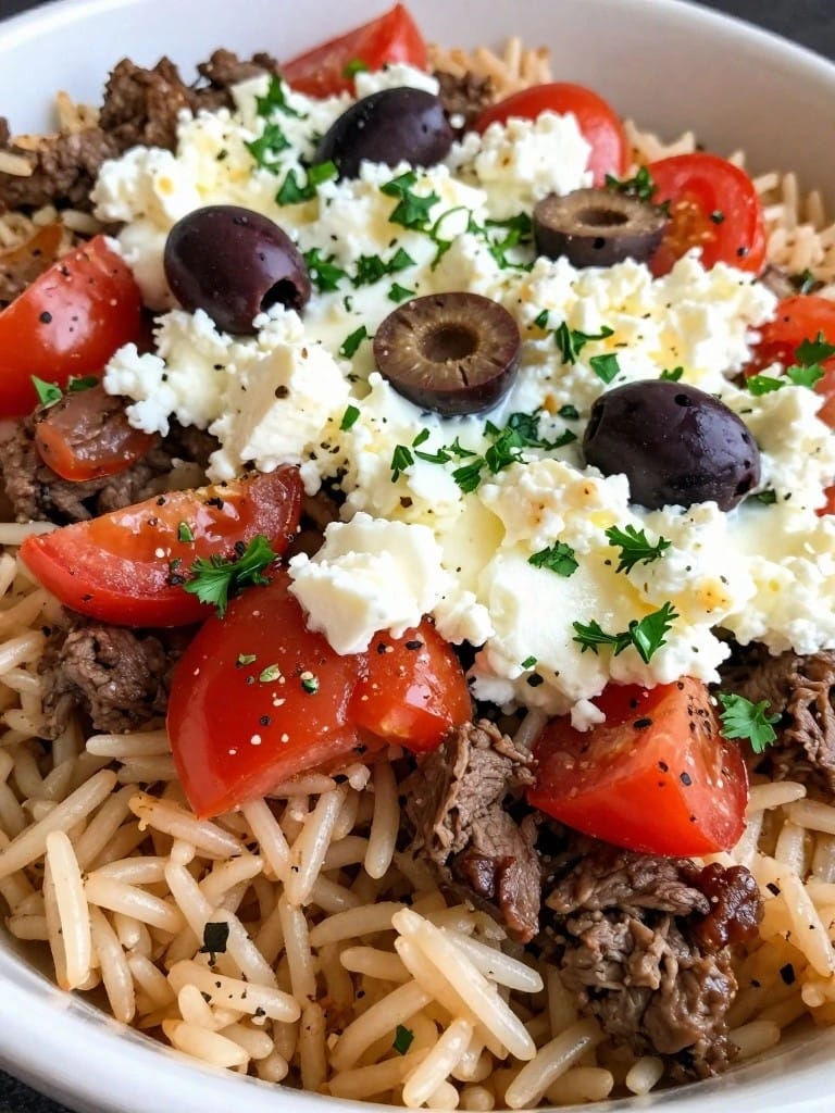 Mediterranean Beef Rice Casserole with Feta and Olives