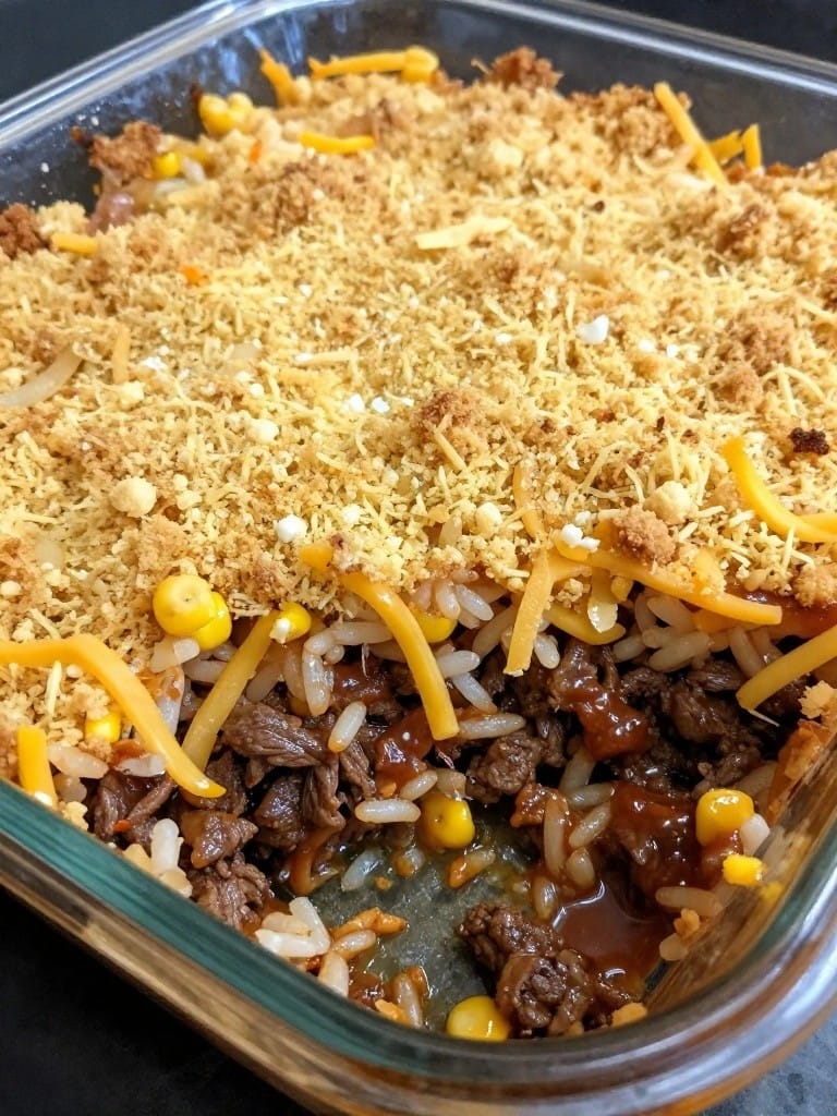 Smoky Barbecue Beef Rice Casserole with Cornbread Topping
