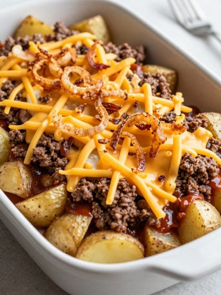 BBQ Hamburger Potato Casserole with Crispy Fried Onions