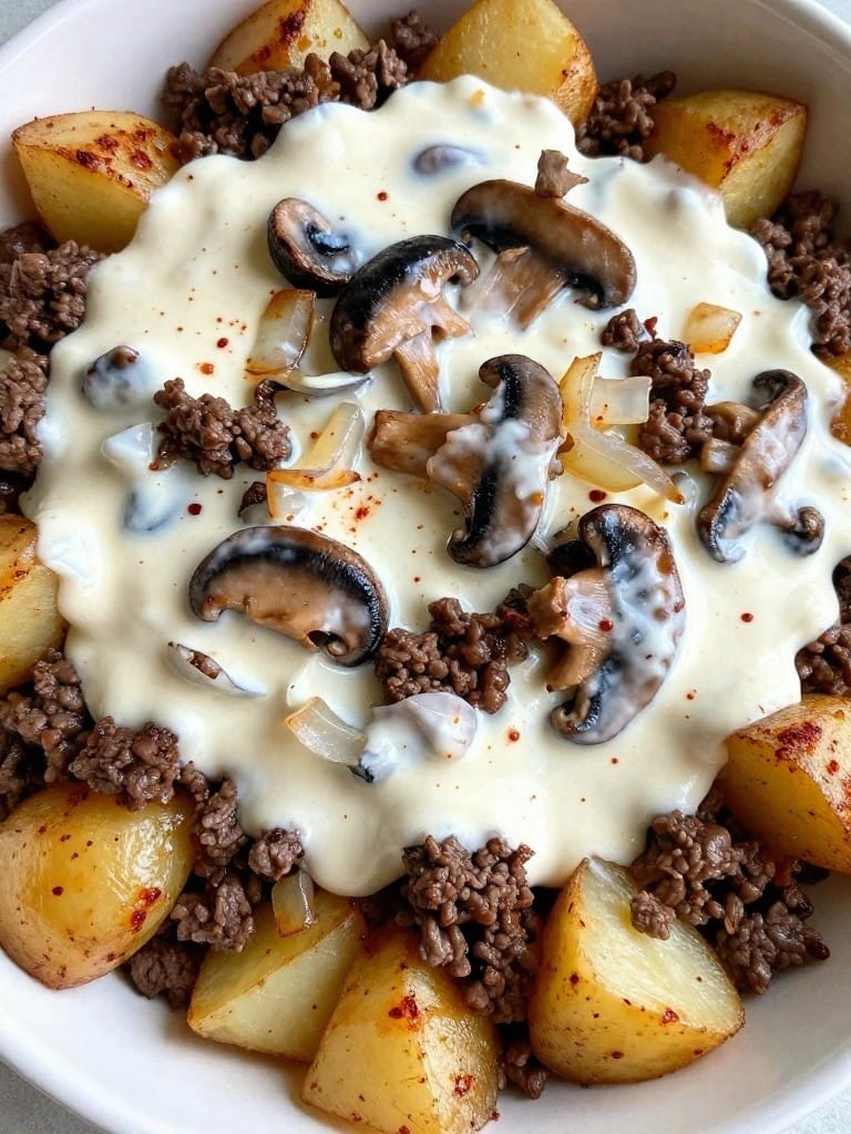 Beef Stroganoff Hamburger Potato Casserole with Sour Cream Sauce