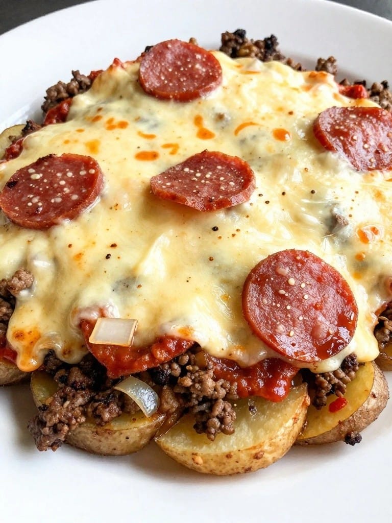 Cheesy Pizza-Style Hamburger Potato Casserole with Pepperoni