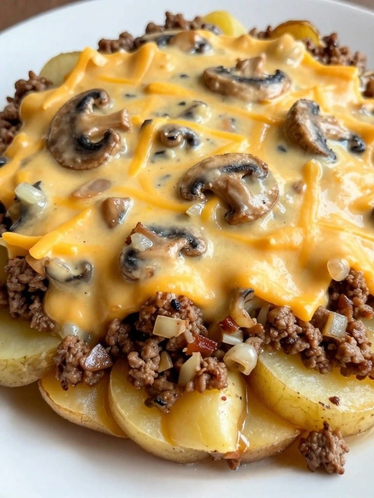 Creamy Mushroom and Onion Hamburger Potato Casserole