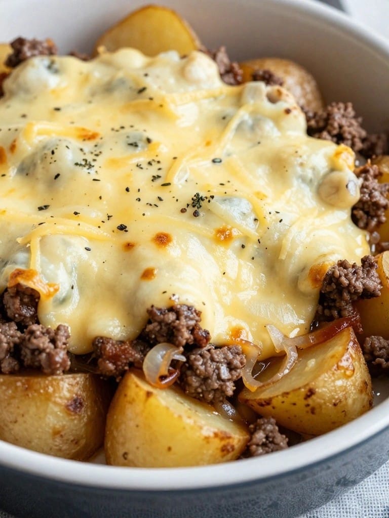 French Onion Hamburger Potato Casserole with Gruyère