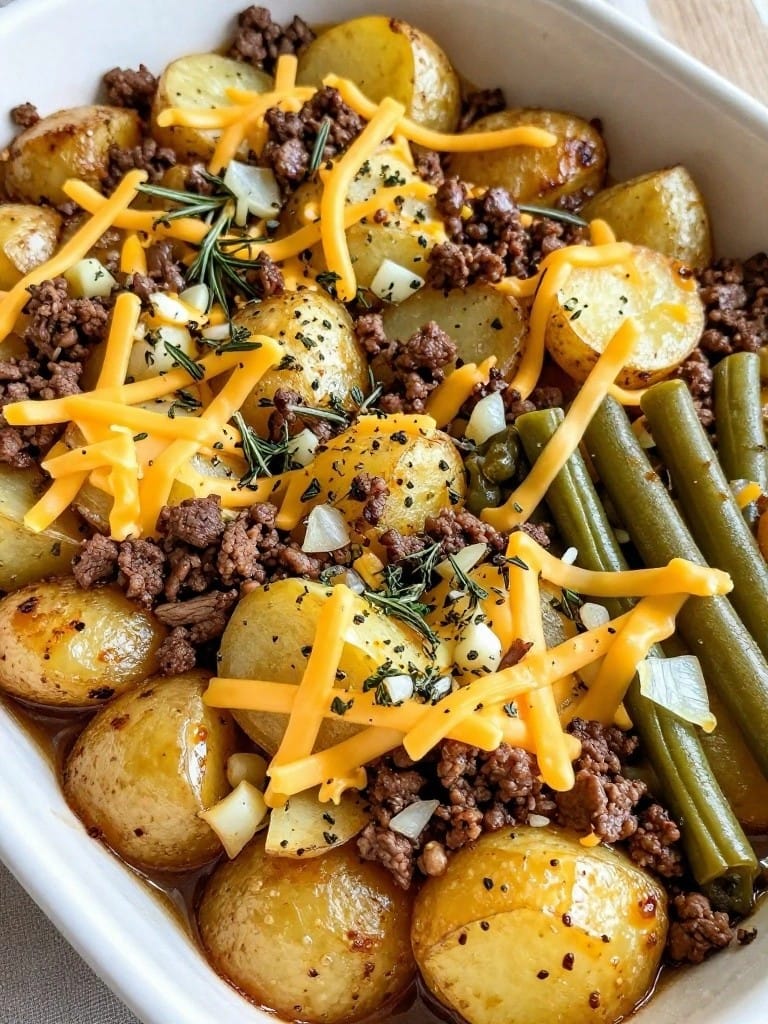 Garlic Herb Hamburger Potato Casserole with Green Beans