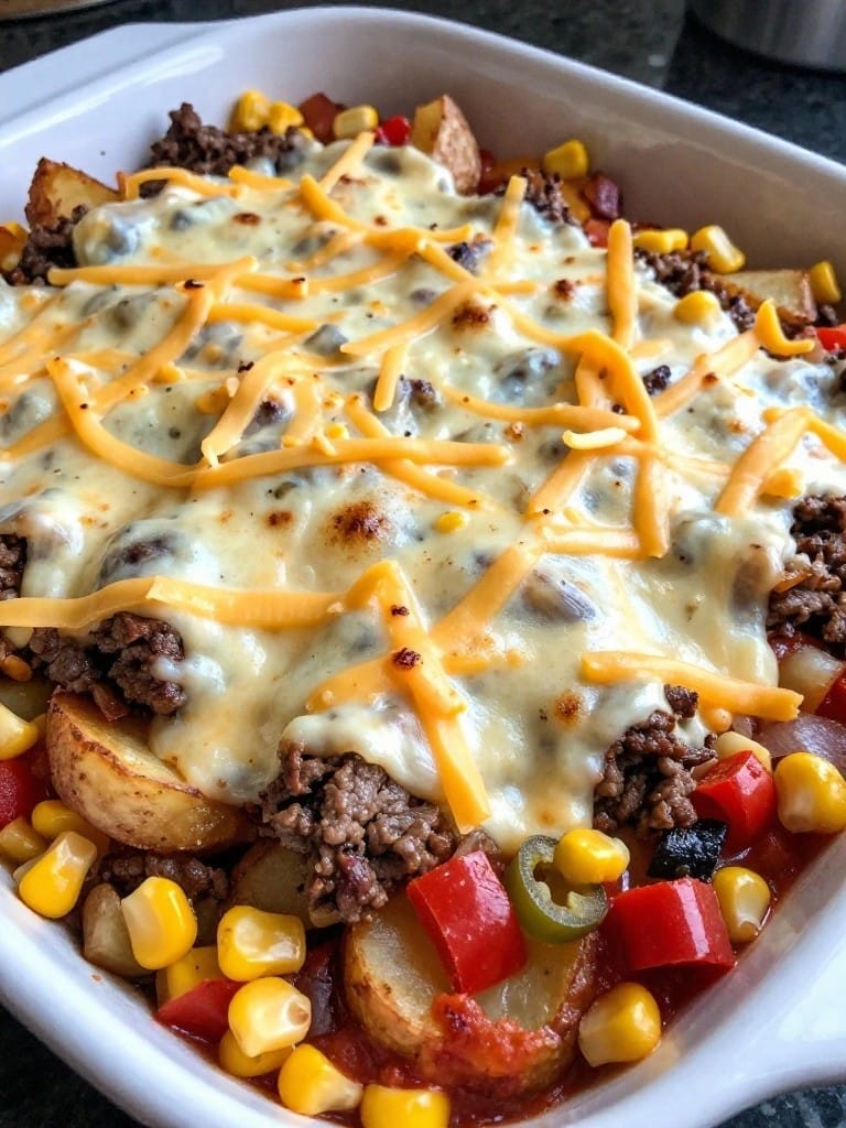 Spicy Southwestern Hamburger Potato Casserole with Corn and Peppers