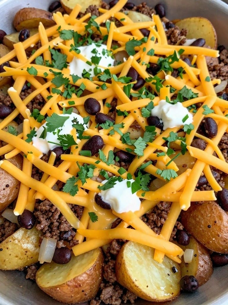 Taco-Inspired Hamburger Potato Casserole with Black Beans and Jalapeños