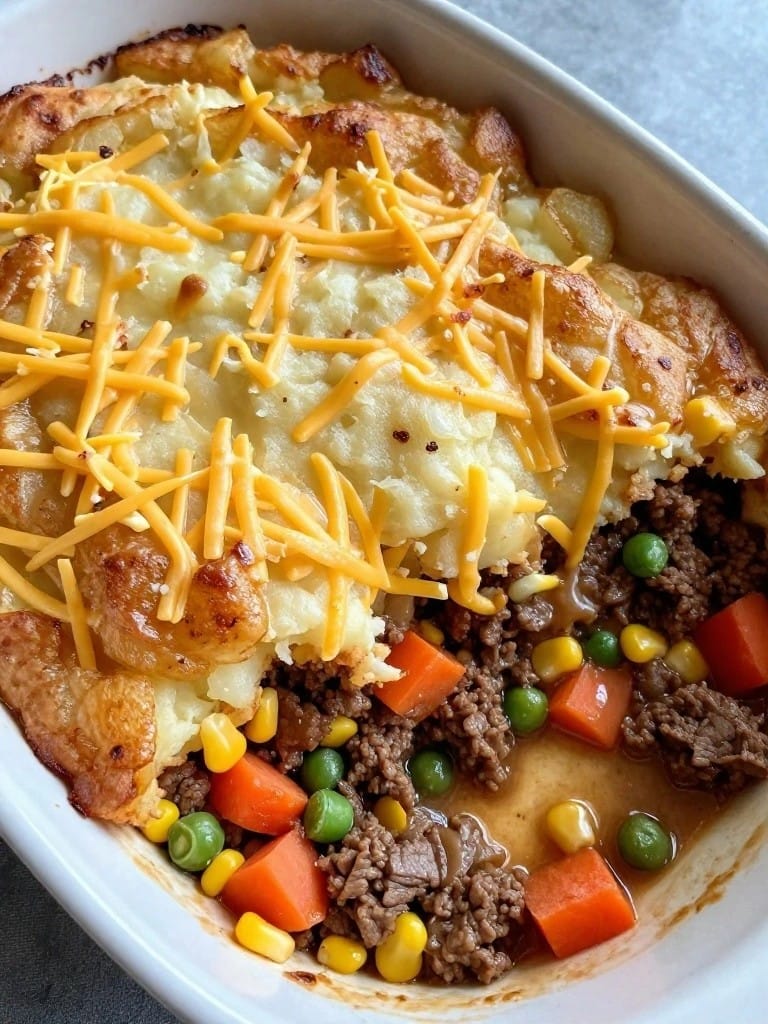 Beef and Vegetable Cowboy Shepherd’s Pie with Garlic Mashed Potato Topping