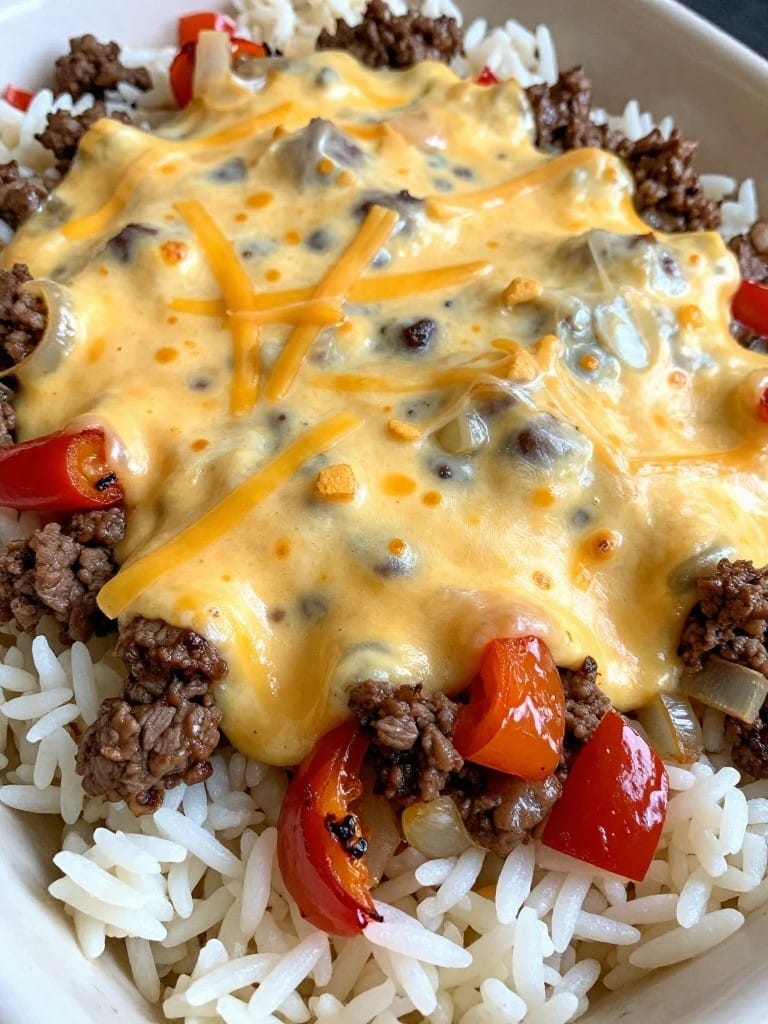 Cheesy Cowboy Beef and Rice Casserole with Roasted Peppers