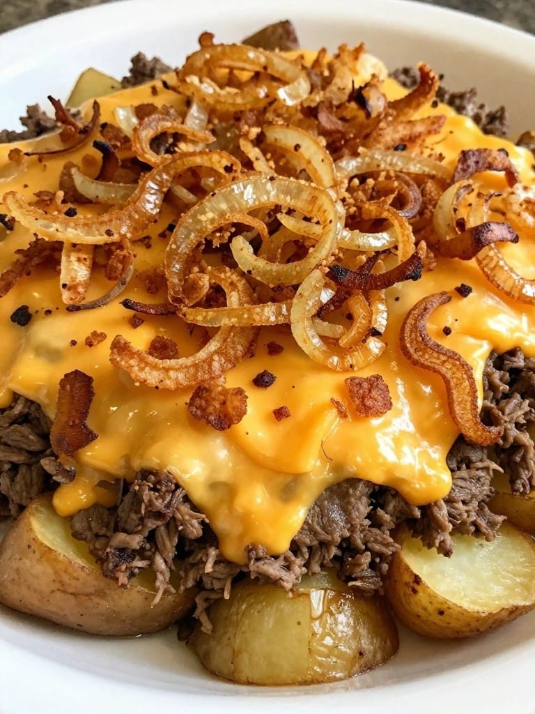 Classic Cowboy Beef and Potato Casserole with Crispy Onion Topping